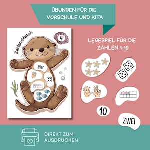 Op de afbeelding: Educatief matching spel met een cartoon otter en de tekst "Zahlen-Match". Het spel bevat getallenrepresentaties met zeesterren, dobbelstenen en vingers. De tekst "ÜBUNGEN FÜR DIE VORSCHULE UND KITA" is zichtbaar. Het spel is voor de kleuterschool.