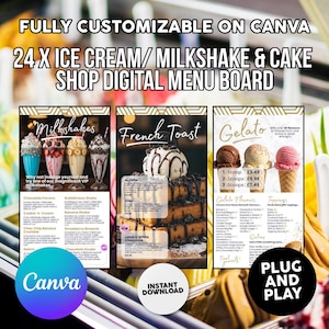 May include: Digital menu board design for an ice cream, milkshake, and cake shop. The design includes menu options for milkshakes, French toast, and gelato. The design is fully customisable on Canva and available for instant download.