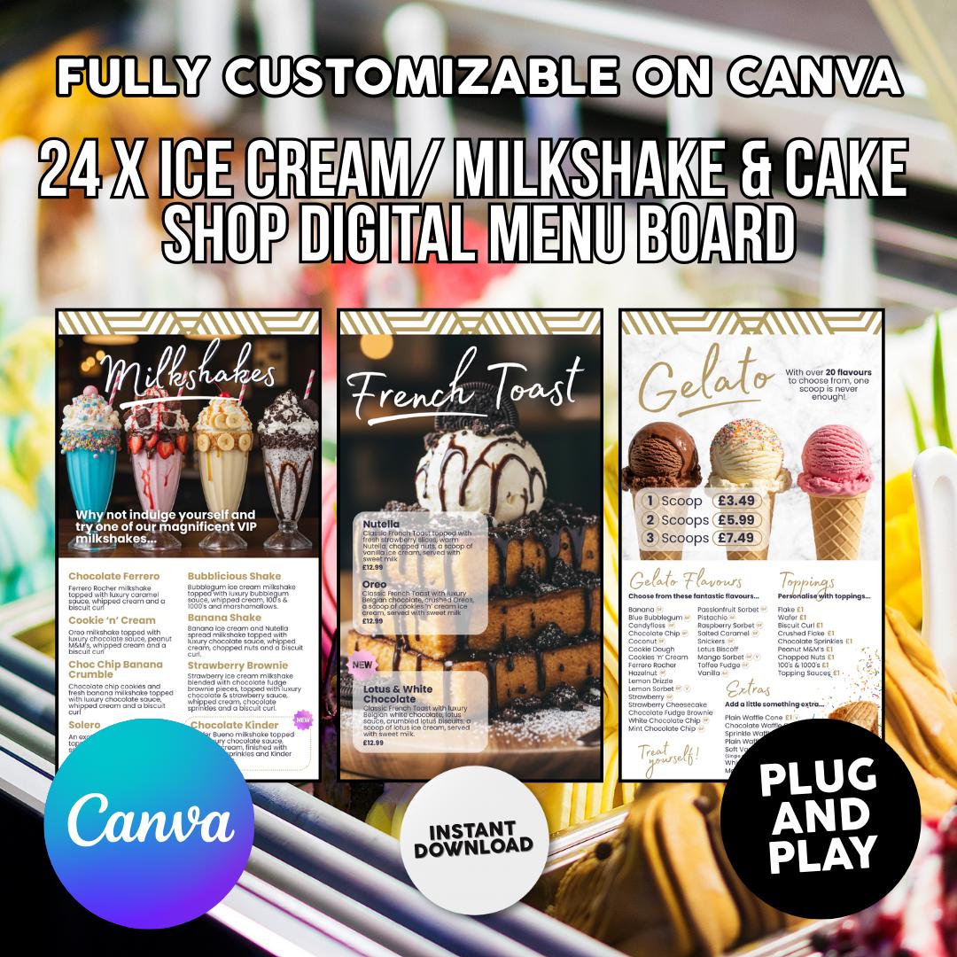 Milkshake, Ice Cream & Cake Bar TV Menu Board Templates: 24 Canva ...