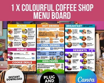 Colourful Coffee Shop Menu Board Template: 1 x Canva Editable Designs (Digital Item)