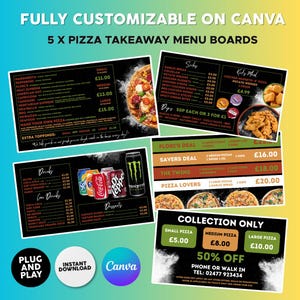May include: A promotional image for 5 pizza takeaway menu boards, fully customisable on Canva. The menus display various pizza options, sides, drinks, and deals, with prices in British pounds. The design is intended for easy ordering and takeaway.