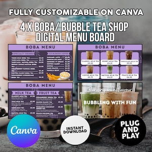 May include: Digital menu board for a boba/bubble tea shop, showcasing milk tea, fruit tea, and specialty drinks. The menu includes prices and is fully customisable on Canva. The image also includes the text "Instant Download" and "Plug and Play".