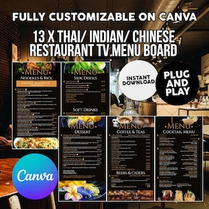 May include: A digital menu board template for Thai, Indian, and Chinese restaurants. The design includes multiple menu sections, such as noodles and rice, side dishes, desserts, coffee and teas, and cocktails. The template is fully customisable on Canva and available for instant download.