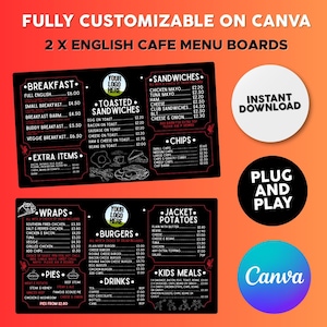 May include: Black cafe menu boards displaying breakfast, sandwiches, wraps, burgers, and jacket potatoes. Includes "Instant Download", "Plug and Play", and "Canva" logos.