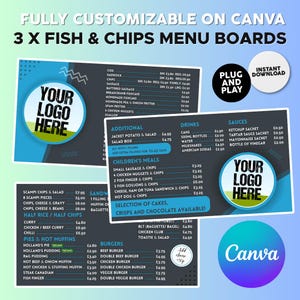 Könnte beinhalten: Ein anpassbares Canva-Menütafeldesign für ein Fish-and-Chips-Restaurant. Das Design zeigt einen dunkelgrauen Hintergrund mit blauen Akzenten und enthält Menüpunkte, Preise und Platz für ein Logo. Der Satz "Plug and Play" ist ebenfalls sichtbar.