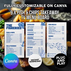 Könnte beinhalten: Anpassbare digitale Speisekarte für einen Fish-and-Chips-Imbiss, mit Gerichten wie Fisch, Pommes, Burgern und Pies. Die Preise sind in Pfund angegeben. Vollständig anpassbar auf Canva.