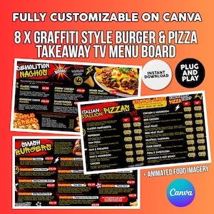 May include: A digital menu board template featuring graffiti-style text for burgers and pizzas. The layout includes sections for nachos, smash burgers, and Italian pizzas with prices in pounds. It includes animated food imagery and Canva branding.