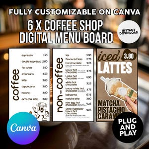 May include: Digital coffee shop menu board design, showcasing coffee and non-coffee beverages with prices. Includes options for iced lattes, teas, and hot chocolates. The design is fully customisable on Canva, ready to plug and play.