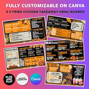 May include: An image displaying five fried chicken takeaway menu boards, fully customisable on Canva. The menus include classic sides, wraps, salads, meals, desserts, and kids' meals. The boards are available for instant download, offering a variety of options.
