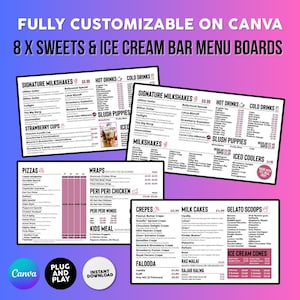 May include: Eight sweets and ice cream bar menu boards with categories like milkshakes, pizzas, wraps, crepes, and gelato scoops. The boards are black with white text and pink accents, and are fully customisable on Canva.