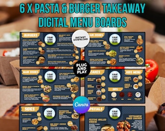 Burger & Pasta Takeaway TV Menu Board Templates: 6 Canva Designs (Digital Item)