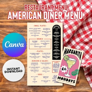 May include: A colourful restaurant menu, advertising an "American Diner Menu". The menu lists various dishes, including small plates, brunch options, plates, burgers, salads, sides, and cocktails. A Canva logo and "Instant Download" graphic are visible.