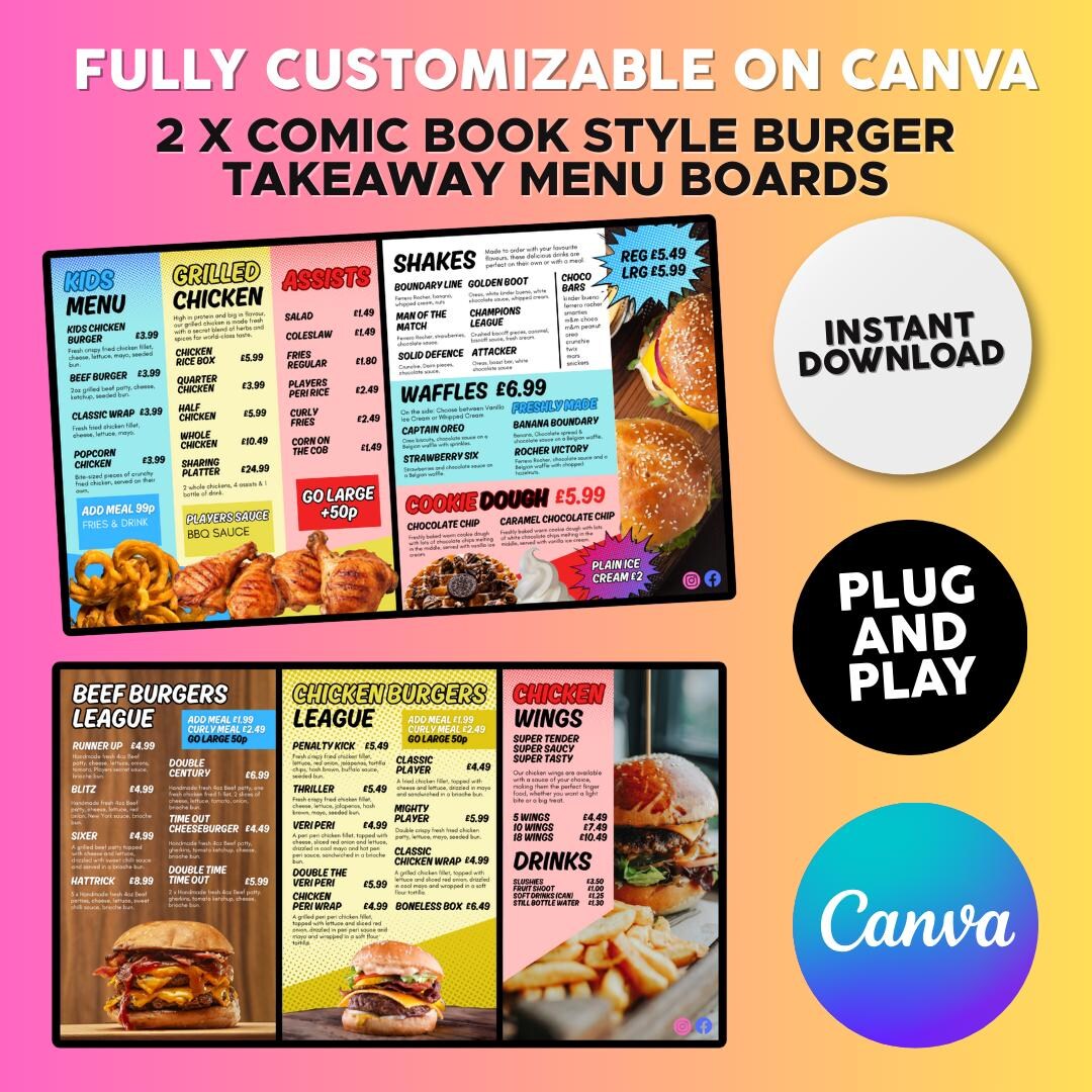 Comic Book Style Chicken Takeaway TV Menu Board Templates: 2 Canva ...