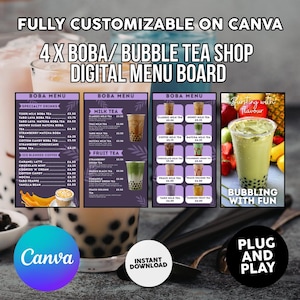 May include: Digital menu board for a boba/bubble tea shop, fully customisable on Canva. The menu features specialty drinks, milk tea, and fruit tea options. Includes a graphic of a green tea boba drink with the text "Bubbling with Fun."