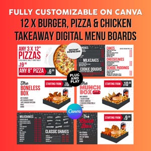 Pizza, Burger & Chicken Takeaway TV Menu Board Templates: 12 Canva Designs (Digital Item)