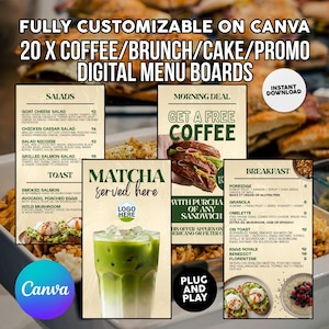 May include: Digital menu board template showcasing food options like salads, toast, and breakfast dishes. The design includes the text "FULLY CUSTOMIZABLE ON CANVA" and "20 X COFFEE/BRUNCH/CAKE/PROMO DIGITAL MENU BOARDS."