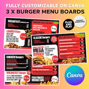 May include: A vibrant image showcasing burger menu boards with options like "Loaded Chips" and "Chicken Burgers." The boards are designed to be customized on Canva and include breakfast and burger choices. Measurements are in pounds.