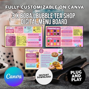 Modelli di menu per TV Bubble Tea Shop: 3 progetti Canva (articolo digitale)