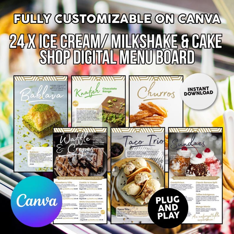Milkshake, Ice Cream & Cake Bar TV Menu Board Templates: 24 Canva ...