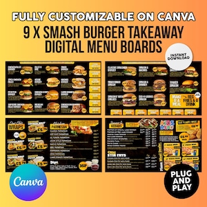 May include: Digital menu boards for a takeaway, showcasing 9 smash burger options, wraps, kebabs, and sides. The menu includes various burger types, chicken wraps, parmesan dishes, and pizza deals. The boards are fully customizable and available for instant download.