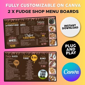 May include: A pink and yellow graphic advertising customizable fudge shop menu boards. The image shows two menu boards with fudge options, prices, and images. Circular graphics say "Instant Download", "Plug and Play", and "Canva".