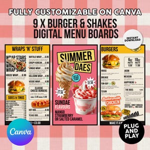 Puede incluir: Tableros de menú digitales para hamburguesas, wraps y batidos. Los tableros presentan gráficos y texto coloridos, incluyendo elementos del menú como wraps, hamburguesas, guarniciones y helados. Totalmente personalizable con Canva.