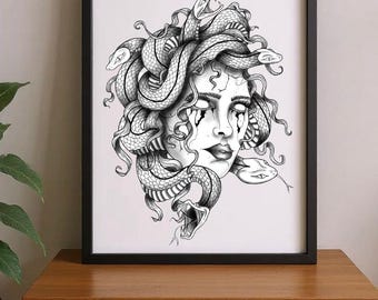 Medusa Art Print: Black and white Snake Hair Goddess - Gothic Mythology (PNG)