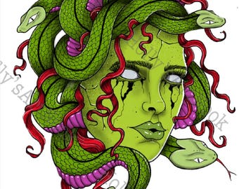 Medusa Art Print: Green Snake Hair Goddess - Gothic Mythology (PNG)