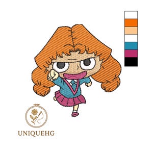 May include: Embroidered cartoon girl with orange hair, blue top, and pink skirt. The image features a determined expression and a raised fist. The logo "UNIQUEHG" is at the bottom.