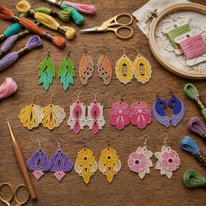 May include: A collection of lace earrings in various shapes and colors, including green, orange, yellow, pink, purple, and blue, arranged with embroidery floss skeins, a wooden embroidery hoop, and gold-toned metal scissors on a wooden surface.