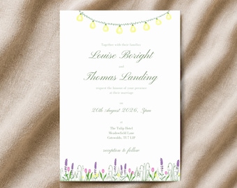 Whimsical Garden Wedding Invitation, Fairy Lights, Wildflower Border (Digital Download, Canva Template)