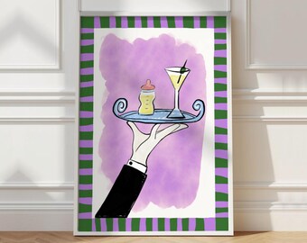 Girl Nursery Art – Baby Bottle and Martini Illustration Purple (Digital Download)