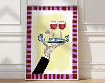 Funny Parenting Print – Baby Bottle and Wine Art Yellow (Digital Download)