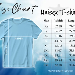 Puede incluir: Camiseta unisex azul claro con una tabla de tallas. La tabla enumera las tallas XS a 5XL, con medidas de ancho y largo en pulgadas. El texto "Size Chart" y "Unisex T-shirt" se muestran en la parte superior.