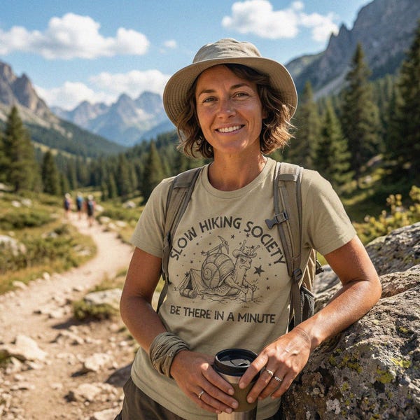 Slow Hiking Society Snail T-shirt, Retro Camping Adventure Tee