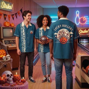 May include: A teal short-sleeved button-down shirt featuring a white vertical stripe pattern on the front and a graphic on the back depicting bowling pins and a pumpkin with the text Lucky Rollers in a circular arrangement.