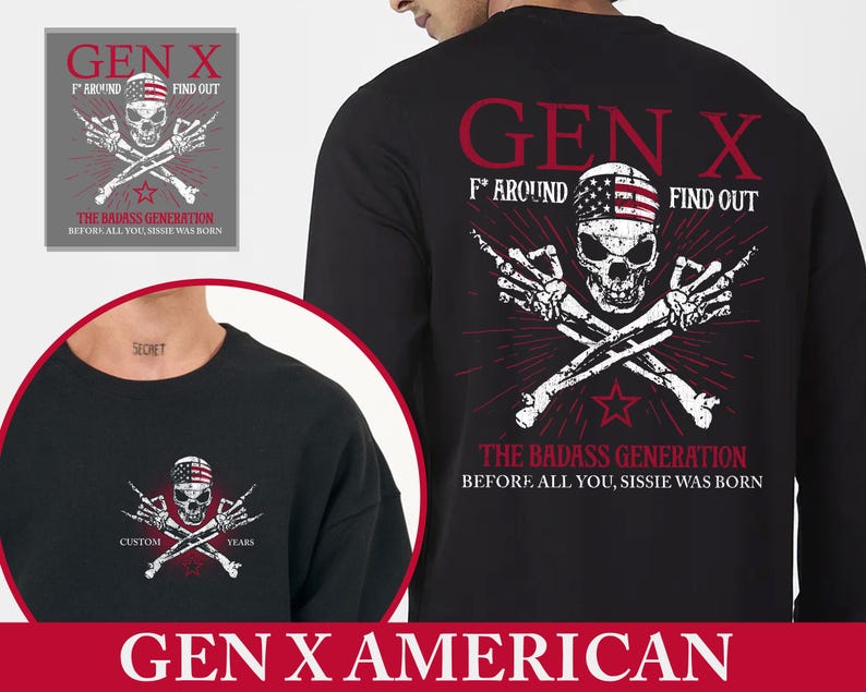 Pu&ograve; includere: Maglietta nera a maniche lunghe con una grafica raffigurante un teschio con una bandana con la bandiera americana, ossa incrociate e la scritta "GEN X F AROUND FIND OUT". &Egrave; incluso anche il testo "THE BADASS GENERATION".