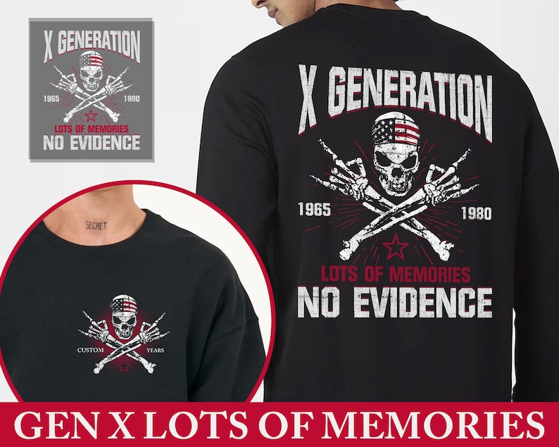 Pu&ograve; includere: Maglietta nera a maniche lunghe con grafica di teschio con bandana a bandiera americana. Il design include il testo "X GENERATION", "1965", "1980", "LOTS OF MEMORIES" e "NO EVIDENCE".