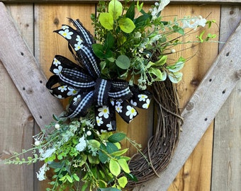 Everyday Greenery Grapevine Wreath, Daisy Bow, Front Door Decor