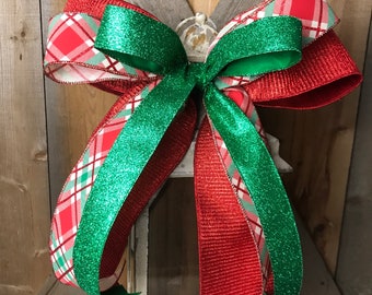 Red and green with plaid bow:Christmas wreath or lantern decor bow