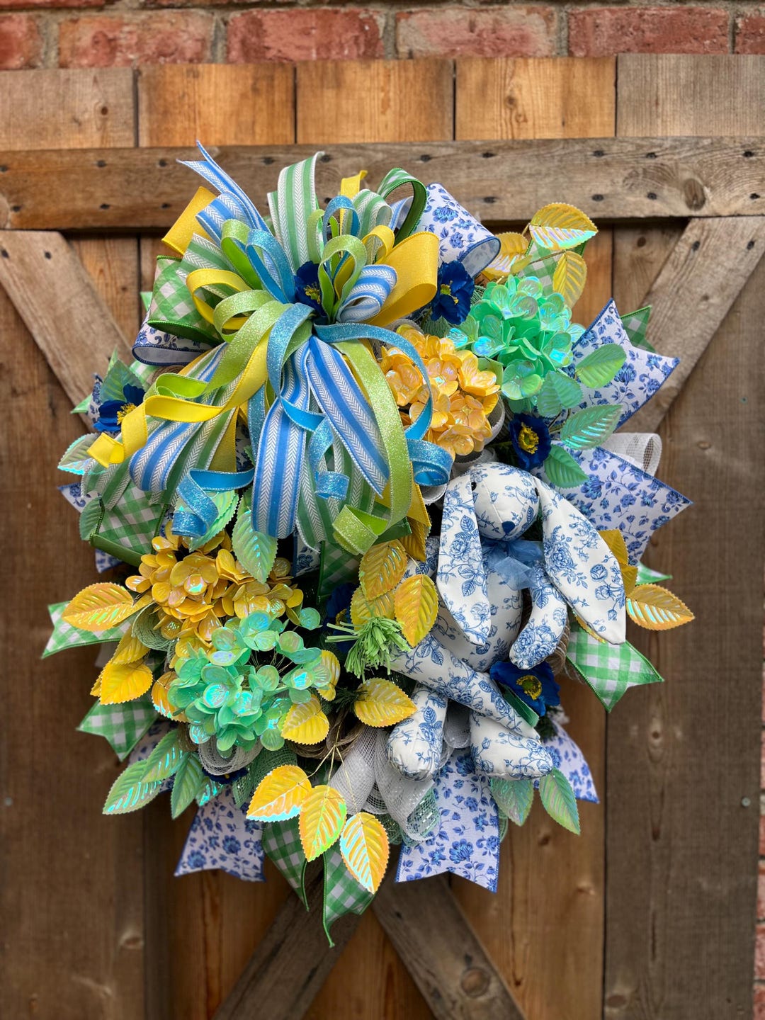 Spring Toile Blue Large Easter Spring Toile Bunny Wreath, Blue Easter Wreath, Green Blue ...