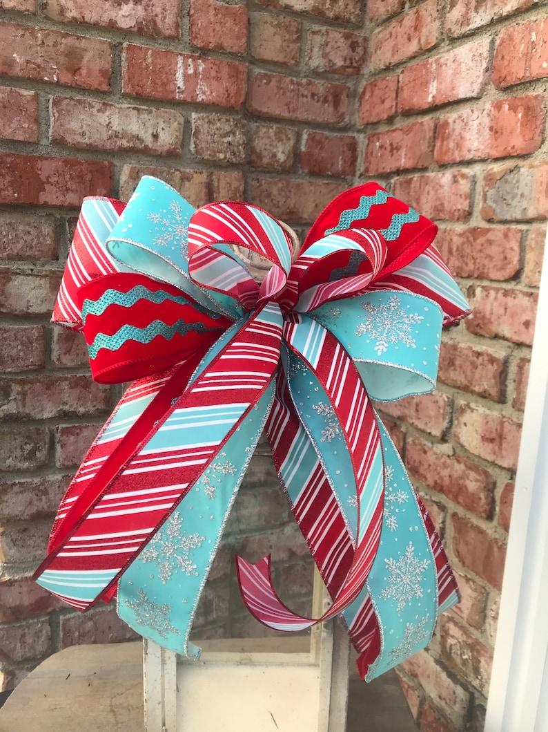 Christmas Aqua and Red Retro Bow Wreath Ribbon Lantern Bow Etsy