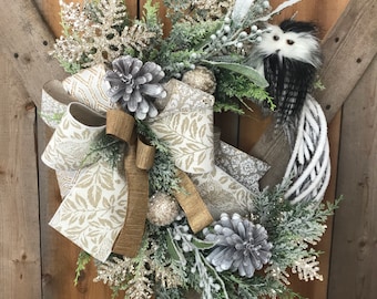 Snow owl on large 24 evergreen base with ornaments and high quality ribbon Owl evergreen wreath Snow owl wreath.