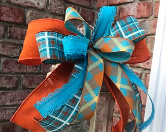 Fall Wreath Bow, Turquoise Orange Burlap, Autumn Decor