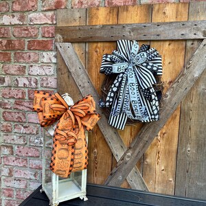 Retro Halloween Bow: Orange, Black & White Wired Ribbon - Wreath Decor