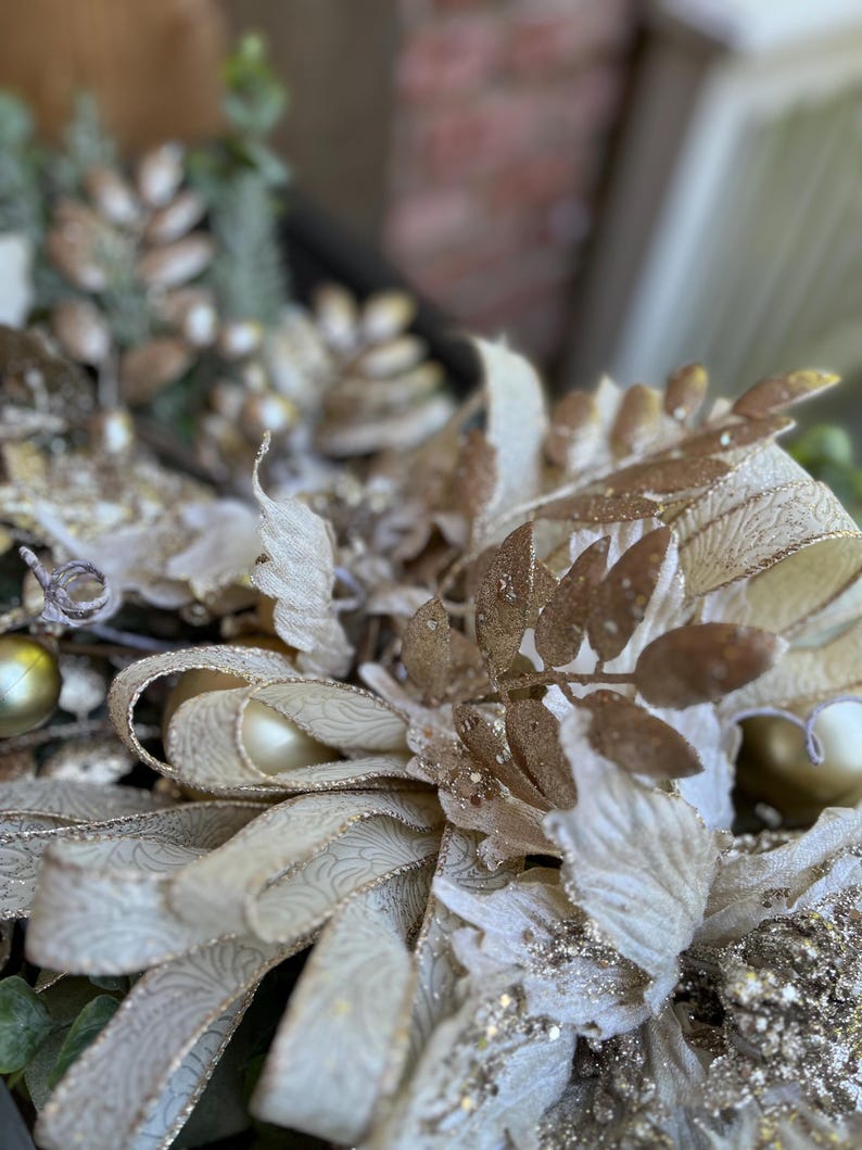 Christmas Champagne Colors With Lighter Greenery Glitter Centerpiece