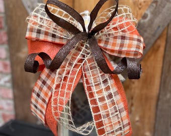 Fall Wreath Bow: Rust, Tan & Burlap Plaid - 12" Wide