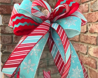 Christmas Aqua and red retro bow, wreath ribbon, lantern bow, bannister bow, light bow, decor bow, hanger, basket, farmhouse, festive ribbon