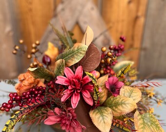 Fall Floral Dough Bowl Centerpiece, Velvet Bow Accent