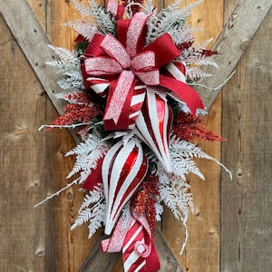 Red and White Christmas Swag Wreath: Large Ornaments, Holiday Door Decor